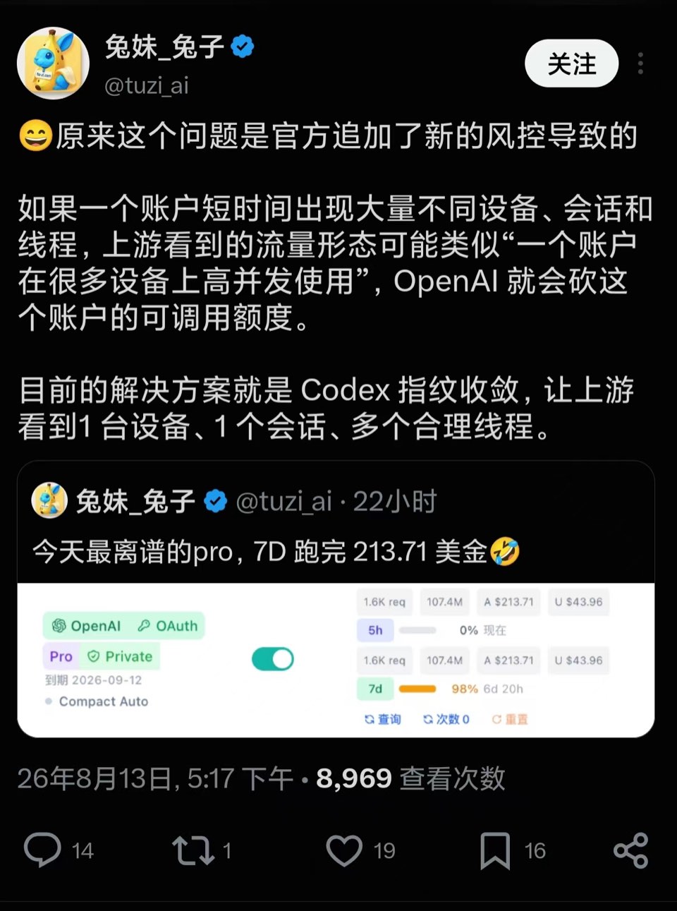 社交平台用户分享 Codex Pro 20x 用量与账号风控判断的截图